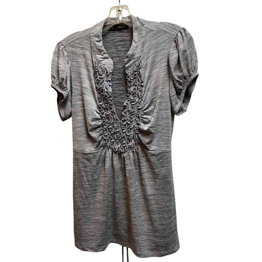 HeartSOUL Womens 2X Gray Heathered Ruffle V-Neck Puff Sleeve Empire Waist Top